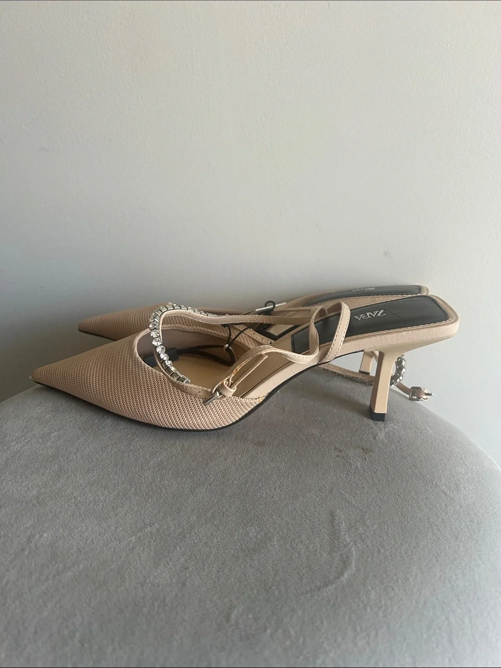 Zara Nude Pointed Toe Slingback Heels with Crystal Strap - Picture 3 of 3